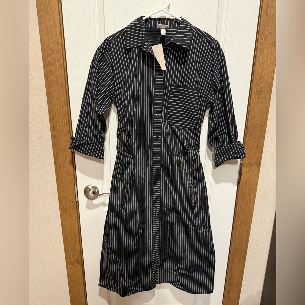 A NEW DAY NWT Midi Dress Women Size S Button-Up Black Pinstripe Long Sleeve